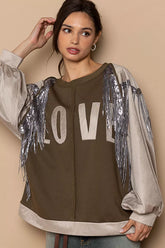 POL Balloon Sleeve French Terry Sweatshirt with Sequin Tassel OutfitFlow